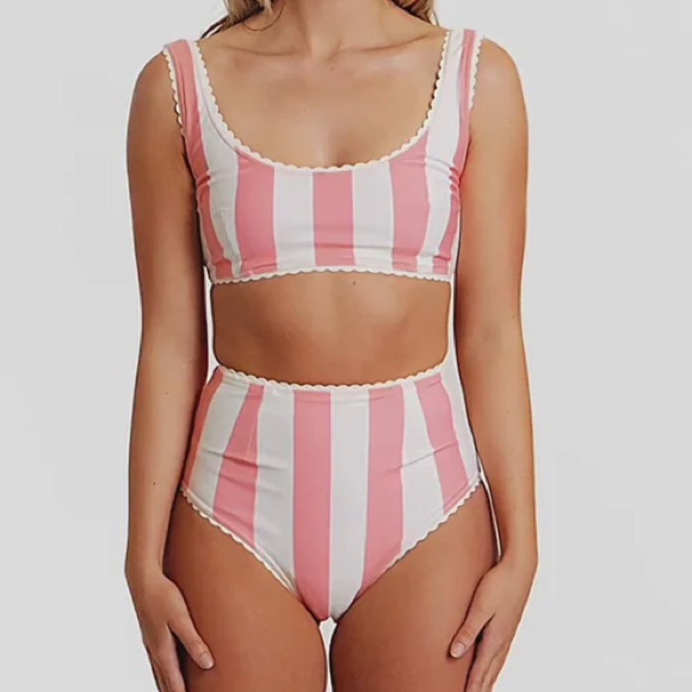 Hammies Retro Pink and white cabana striped Bikini, high waist 2 piece.